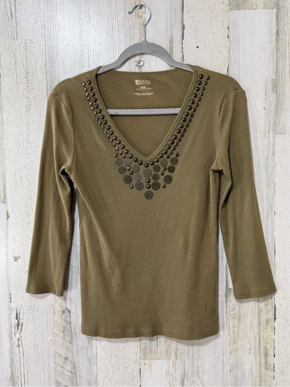 Michael Kors Olive V-Neck Long Sleeve Top with Stud Accents